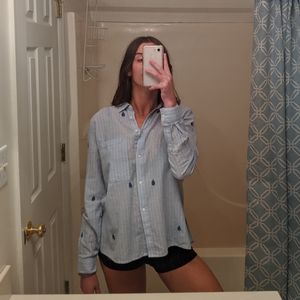 Striped Blue Button Up w/ Leaves